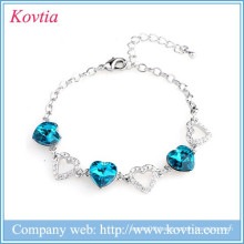 Hot sale sliver jewelry lovers bracket heart link blue sapphire crystal inlay bracelet for women birthday gift